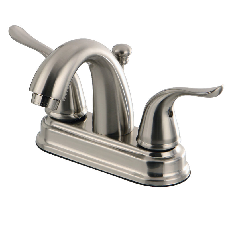 Kingston Brass Yosemite Two-Handle 3-Hole Deck Mount 4" Centerset Bathroom Faucet with Plastic Pop-Up, Brushed Nickel