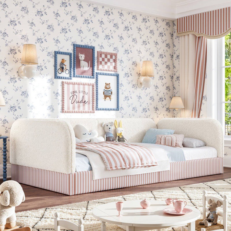 Lit simple tapissier pour enfant Montessori, plateforme semi-fermée avec profil bas, Beige, Lit simple