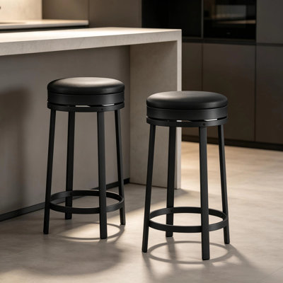 Set of 2 Bar Stools, Counter Height Swivel, Backless Round PU Leather, Metal Frame, Black