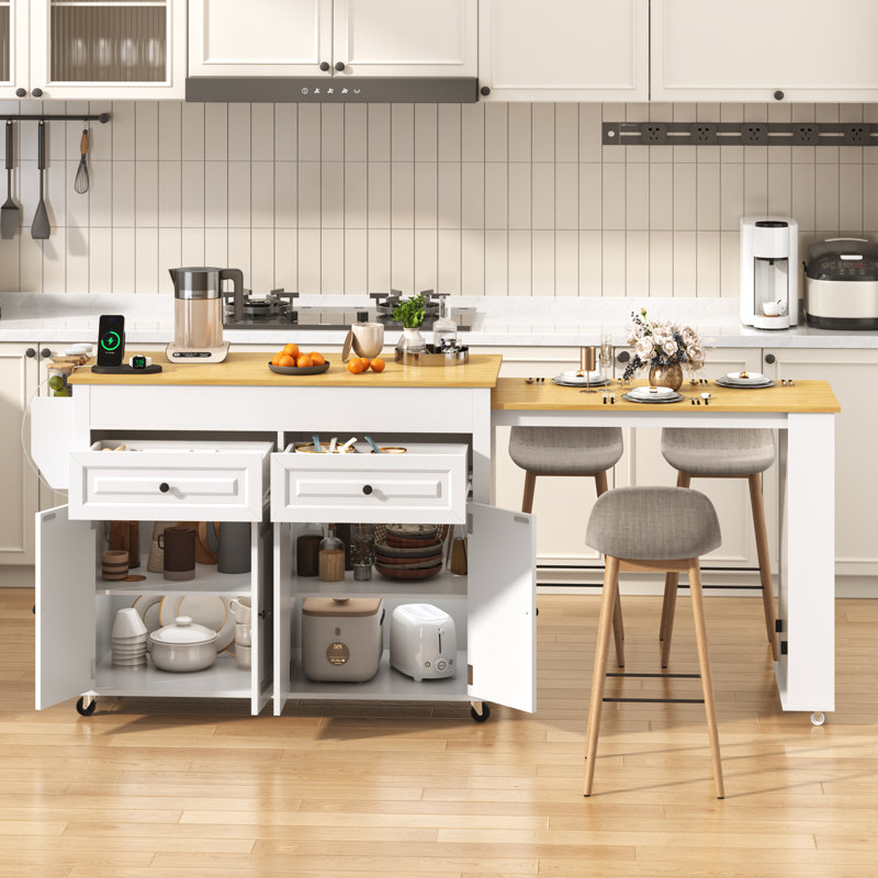 80.63" Extendable Kitchen Island With Power Outlet, 2 Storage Drawers, Open Shelves, White