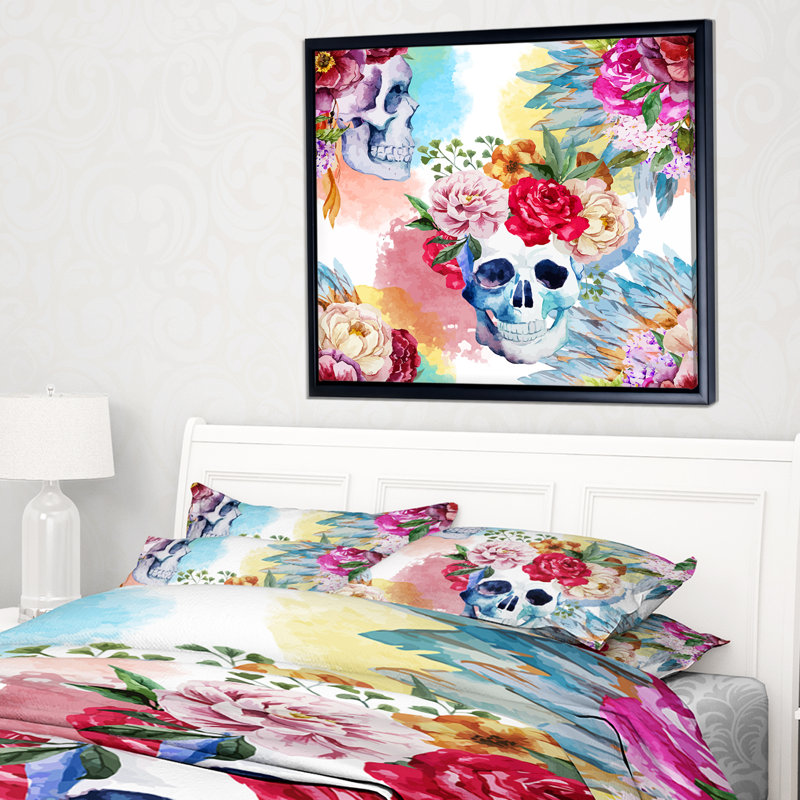 Peinture de crâne ethnique avec fleurs, H 12 po x l 20 po x P 1 po, Toile avec cadre flottant