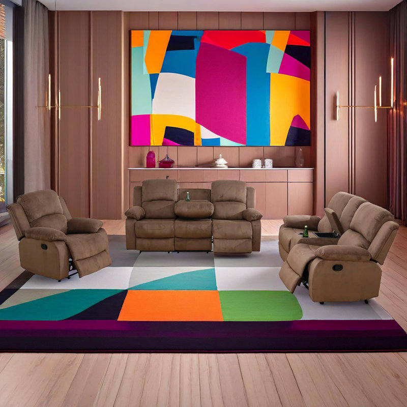 Ensemble de canapé inclinable manuel en velours brun ananas Monarch, ensemble de salon 3 pièces avec console de rangement et porte-gobelets