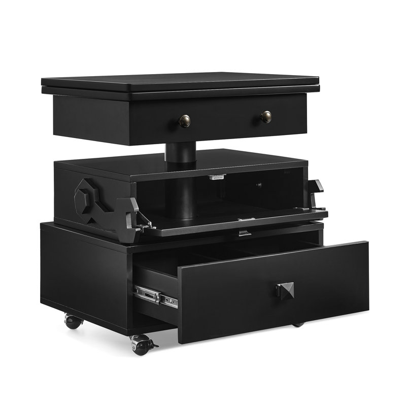 Table de bout roulante à hauteur réglable laquée ultrabrillante avec station de charge et roues universelles avec freins, table à plateau relevable multifonctionnelle avec tiroirs de rangement