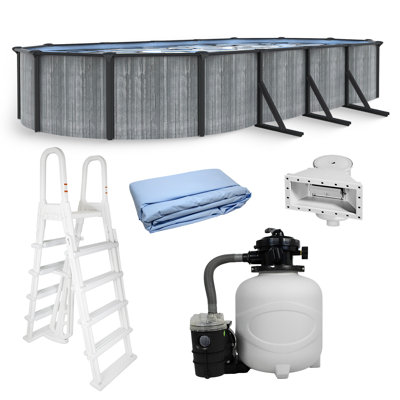 Blue Wave San Pedro 12x24-ft Oval 52-in Deep Hard Sided Steel Frame Above Ground Pool with 6-in Steel Top Seats, 0.5 HP Sand Filter System, Ladder, Skimmer & Liner – 6,300 Gallon Cap for Family Use