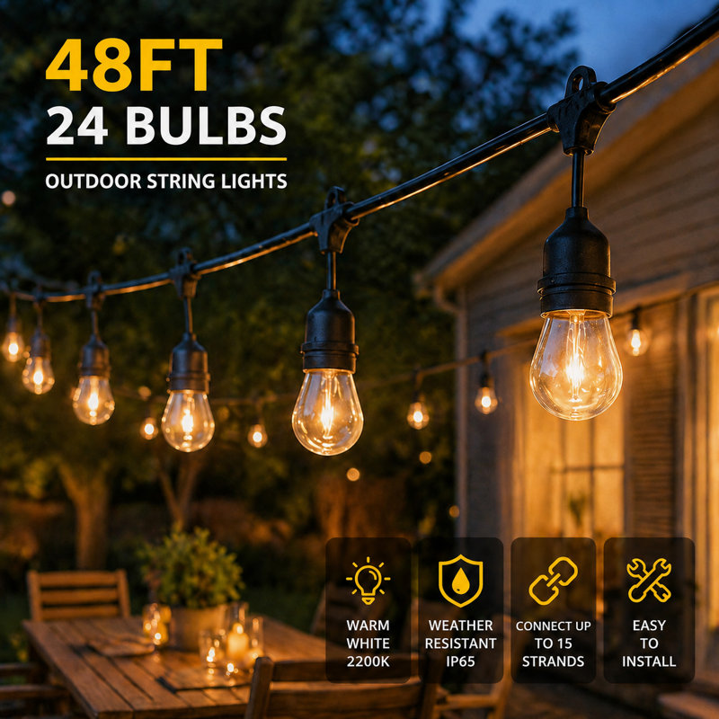 Guirlande de 48 ampoules à DEL 48 pi avec ampoules à DEL blanc chaud incassables, résistant aux intempéries et raccordable