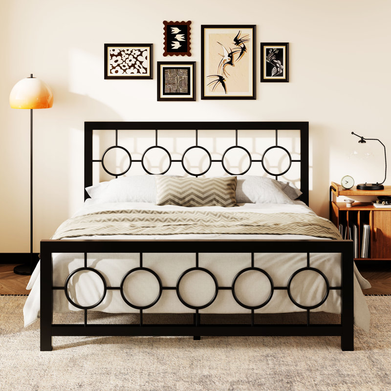 Lit plateforme vintage en métal Avren avec tête et pied de lit, design géométrique, sommier non requis, Grand lit, Noir