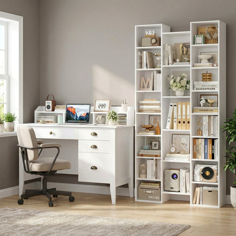 Ensemble de bureau et bibliothèque - Bureau d'ordinateur industriel moderne avec rangement + bibliothèque réglable à 8 niveaux