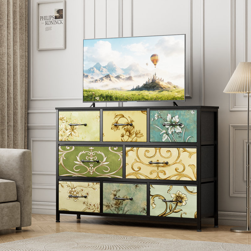 Industrial 8 Drawer Wide Fabric Storage Dresser, Rustic Wood Top & Metal Frame, Large Storage Organizer Unit for Bedroom Living Room Closet