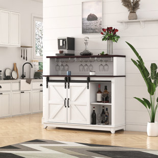 47" Sliding Barn Door Wine Cabinet For Coffee Bar, Generous Storage Sideboard Buffet With Bottle Holder Kitchen Bar & Storage, Spacious And Dining Rooms