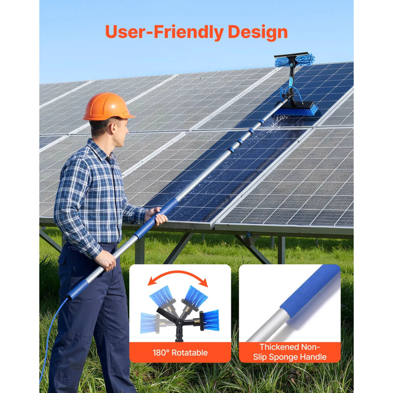 Ensemble de nettoyage de panneau solaire, ensemble de poteau alimenté à l'eau avec brosse de nettoyage, distributeur de savon, poteau télescopique en aluminium extensible, tête de brosse rotative à 180 °, pour panneaux solaires montés sur le toit, fenêtres