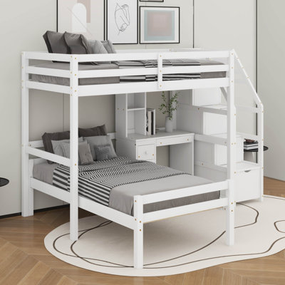 Lit mezzanine simple avec bureau, tablettes et tiroirs