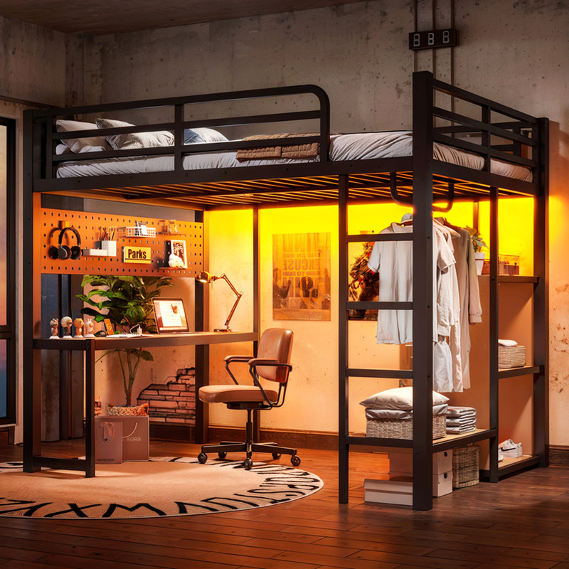 Lit mezzanine double avec tablettes de rangement et bureau, lit mezzanine en métal avec ports USB, lumières et tringle de suspension
