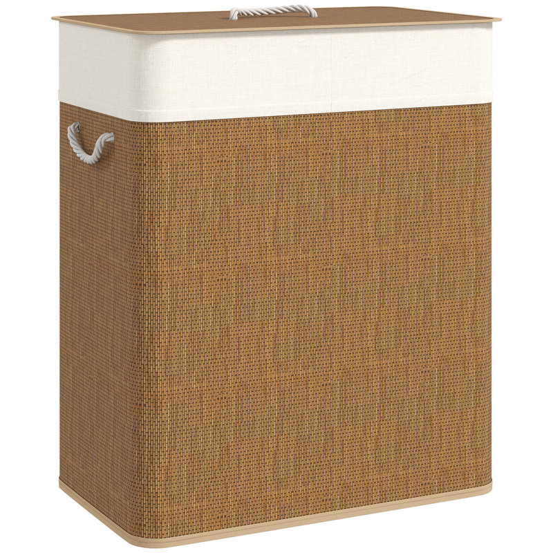 Double Laundry Basket with Lid, 100L Laundry Hamper, Brown, Brown