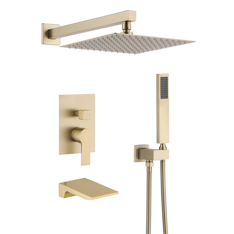 Unité de douche de 12 po avec tête à main, fixation murale, disque en céramique, équilibré, installation rapide, finition or brossé pratique