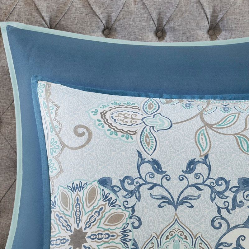 Édredon très grand lit bleu 8 pièces - motif floral aquarelle, impression de coton botanique réversible en tissu lavable à la machine, oreillers