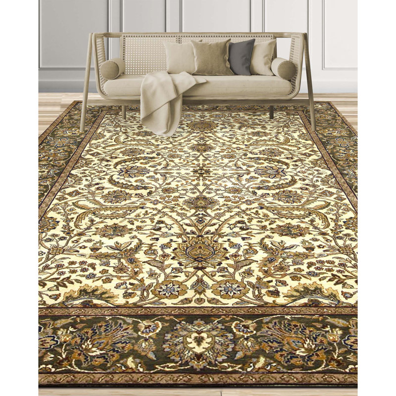 Tapis ivoire et vert noué à la main de haute qualité