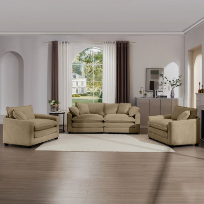 Tan Corduroy Fabric With 4 Seats, Soft Cushions & Pillows, Home Theater Style For Bedroom, Flat , Double Cushion Comfort, Modern