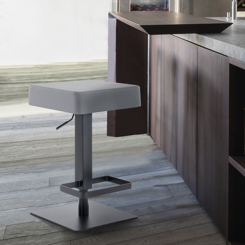 Glyndon Modern Adjustable Swivel Backless Metal Bar Stool with Gray Faux Leather Seat, Matte Black