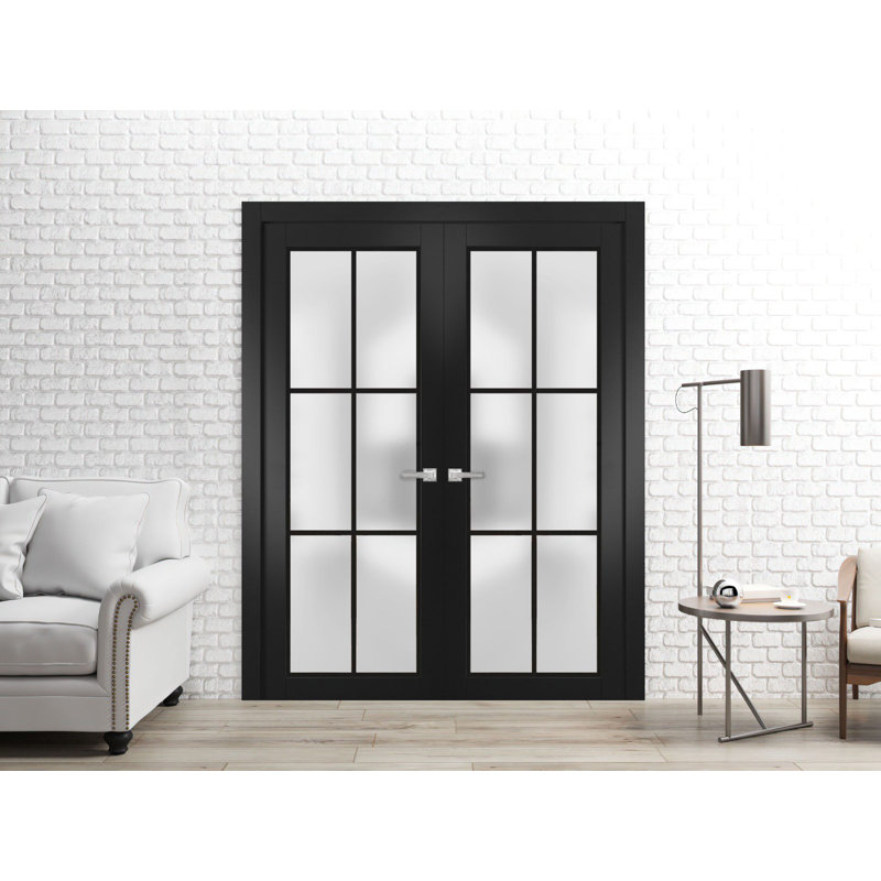 Portes françaises doubles solides | Verre givré Planum 2122 | Garnitures de cadre en bois massif | Portes robustes de chambre à coucher pour garde-robe