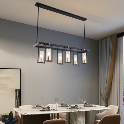 Luminaire suspendu linéaire pour îlot de cuisine 6 lumières à finition dorée avec abat-jour en verre transparent à hauteur réglable de 19,69 à 39,37 po avec ampoules E26 non incluses Lustre linéaire d'intérieur pour bar de salle à manger