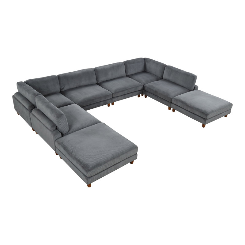 Canapé modulaire en U avec 2 repose-pieds Avanna, Velours côtelé gris