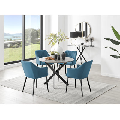 Tierra Modern Chrome Metal & Glass Round Dining Table Set with 4 Luxury Button Velvet Chairs