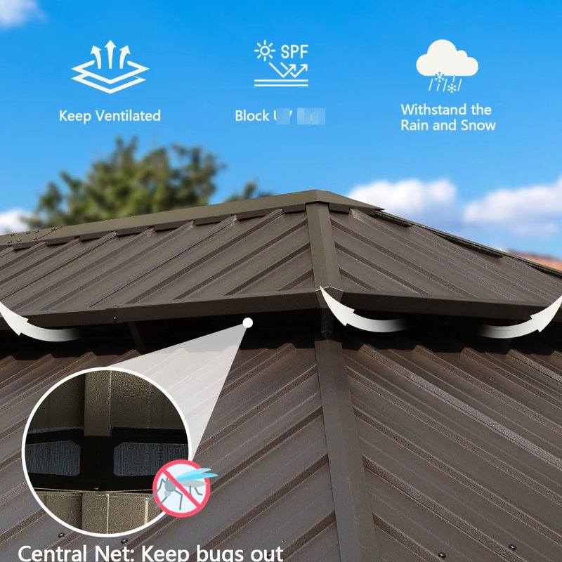 Pavillon de jardin en métal avec toit en rouille et gouttière intégrée pour cadre de patio en aluminium