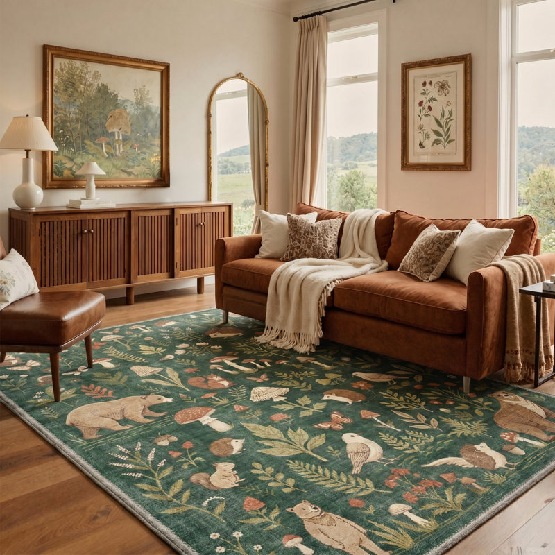 Faunawood Collection Rustic Machine Washable Green / Brown Indoor Area Rug with Non-Slip Backing, Rectangle 5' x 7'