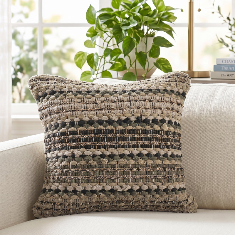 Housse de coussin décoratif en mélange de coton Boho, Brun/vert