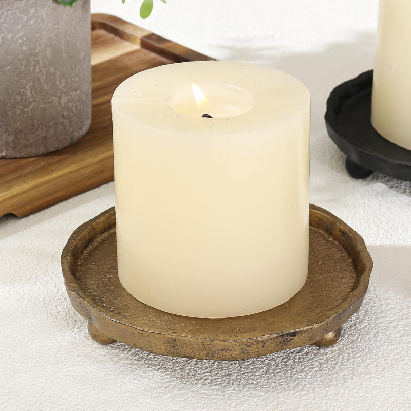 Vintage Brass Finished Cast Iron Candle Holder Plate 4.84 Inch Rustic Farmhouse Table Decor Tray
