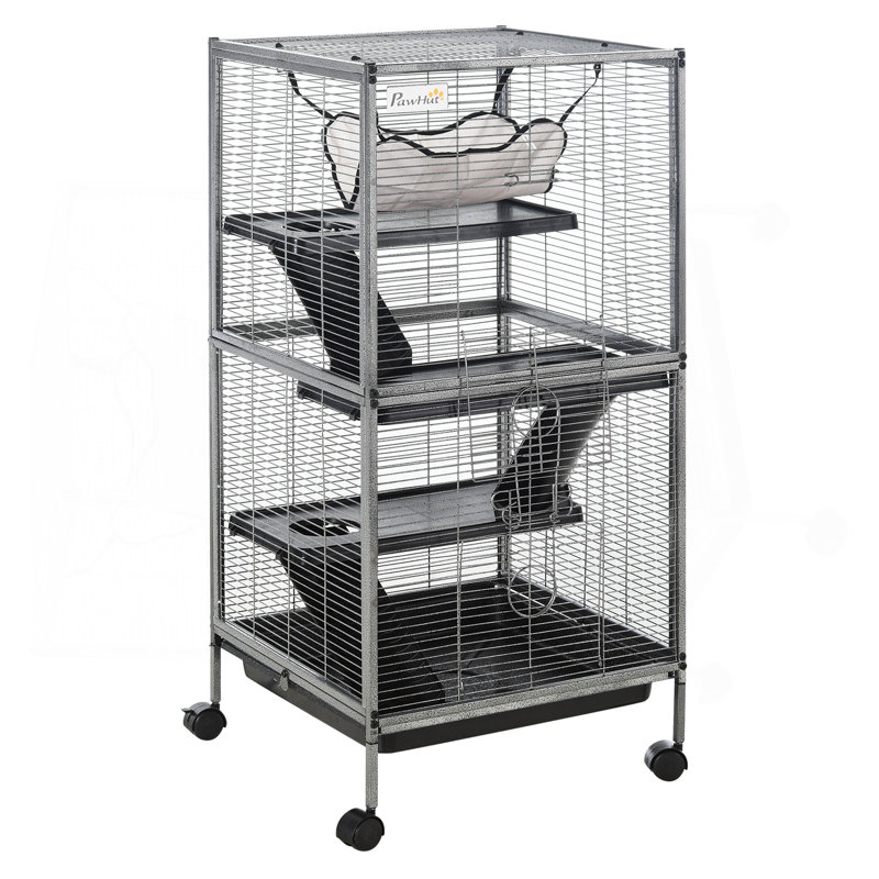 Cage en métal pour petits animaux, grande cage de furet, cage Chinchilla, cage à sucre, avec hamac et 4 niveaux, plateau amovible, gris