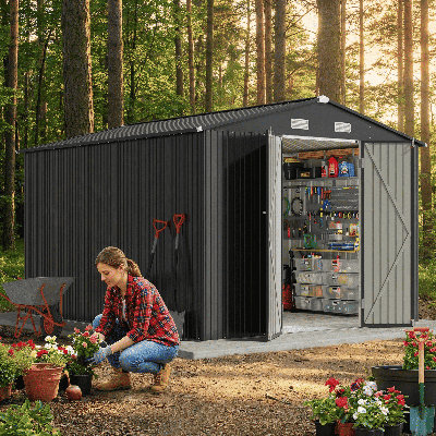 10' x 10' Metal Storage Shed, Heavy Duty Outdoor Garden Shed with Lockable Double Doors and Vents