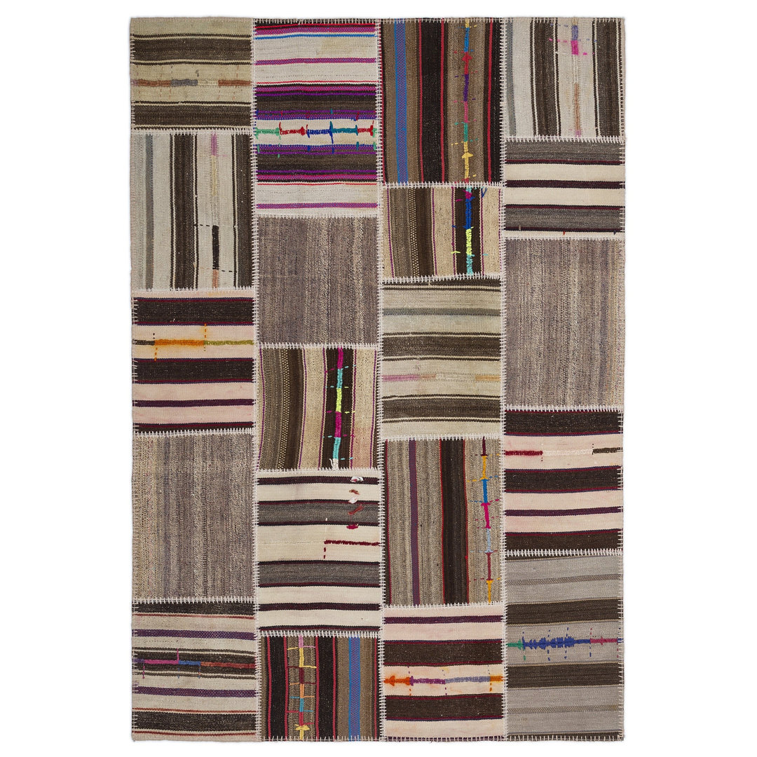 Teselya Beige Striped Wool Handmade Area Rug