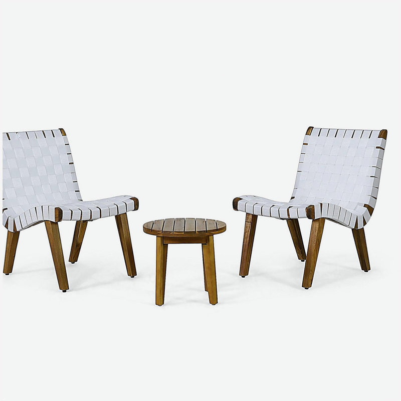 Ensemble de conversation d'extérieur en bois d'acacia et corde 3 pièces, blanc et teck