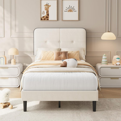 Twin Velvet Bed Frame, Upholstered Platform Bed Frames with Adjustable Headboard, Anti-Noise EVA Sponge, No Box Spring Needed, Sturdy Metal Support, Easy Assembly, White & Black Trim