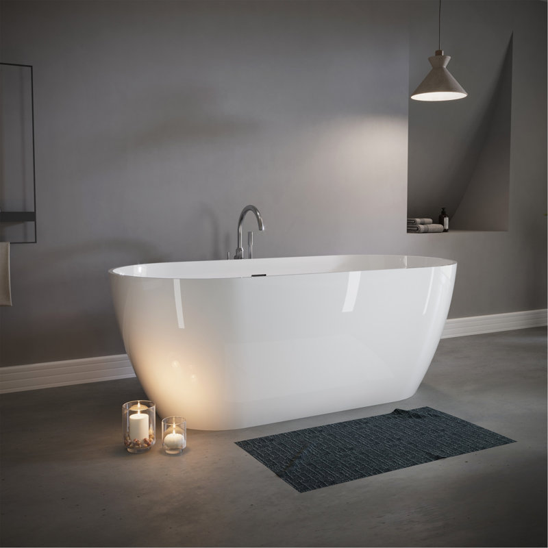 59" Freestanding Solid Surface Bathtub, Luxury Stone Resin Freestanding Soaking Bathtub With Overflow And Pop-Up Drain For Contemporary Bathroom, Glossy White