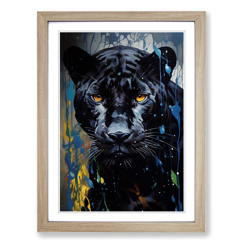 Panther Hard Edge Painting - Single Picture Frame Print on Wood, 46" H x 34" W x 2" D, Oak