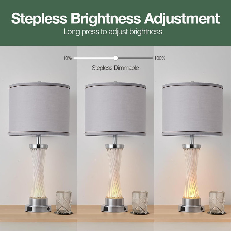 Ensemble de 3 lampes de table en cristal à intensité variable, veilleuse tactile avec ports USB, abat-jour en tissu moderne