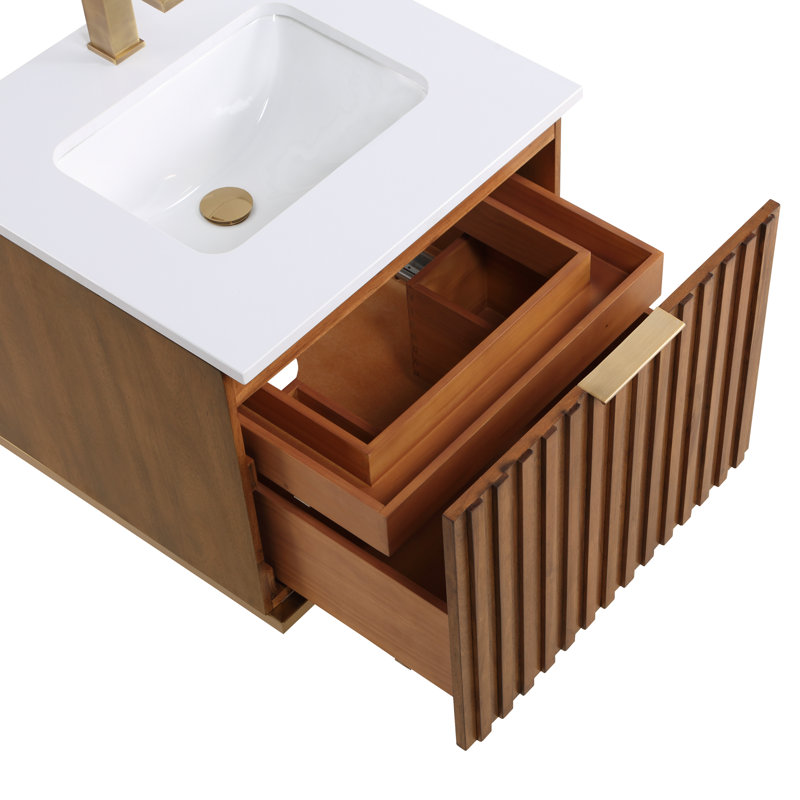 Terra 24'' Single Bathroom Vanity with Top, White Quartz/Single Faucet Mount, Satin Brass