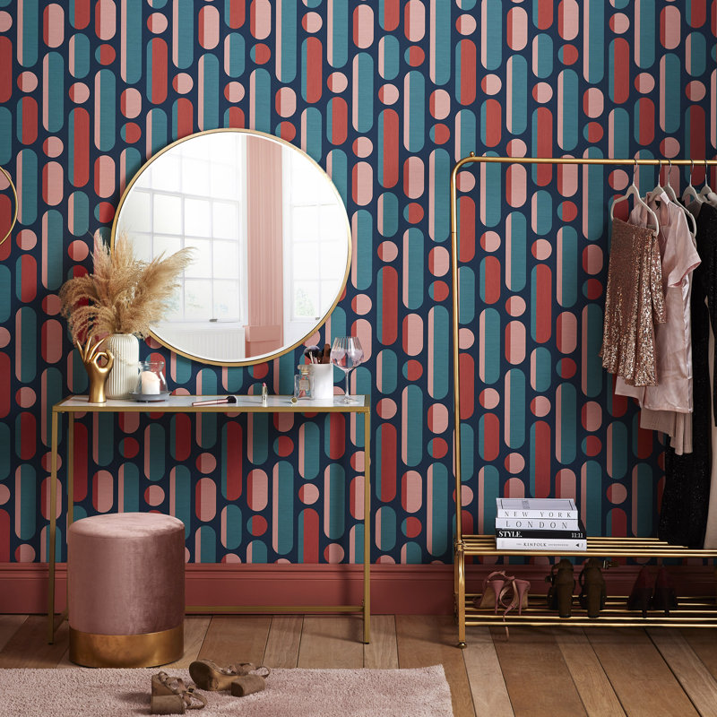 Geometric Wallpaper Double Roll, Coral/Navy
