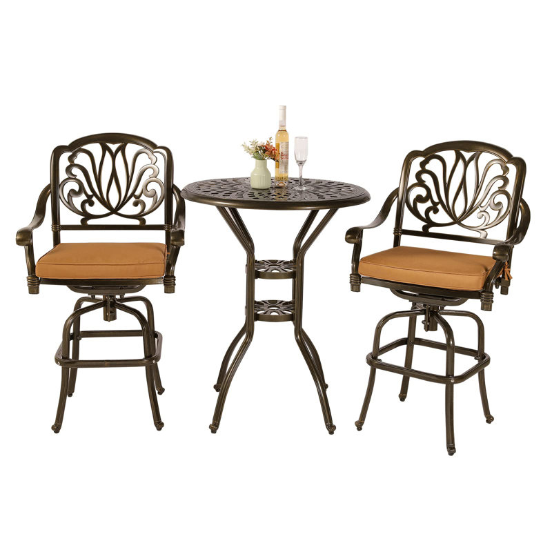 Giligia 3-Piece Patio Swivel Bar Stools Set, All Weather Cast Aluminum Outdoor Bar Height Bistro Set with 2 Cushioned Bar Chairs & 30.98" High Bar Table w/Umbrella Hole for Backyard, Lawn