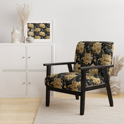 Fauteuil luxueux en tissu damassé noir et beige à motif damas et éclectique