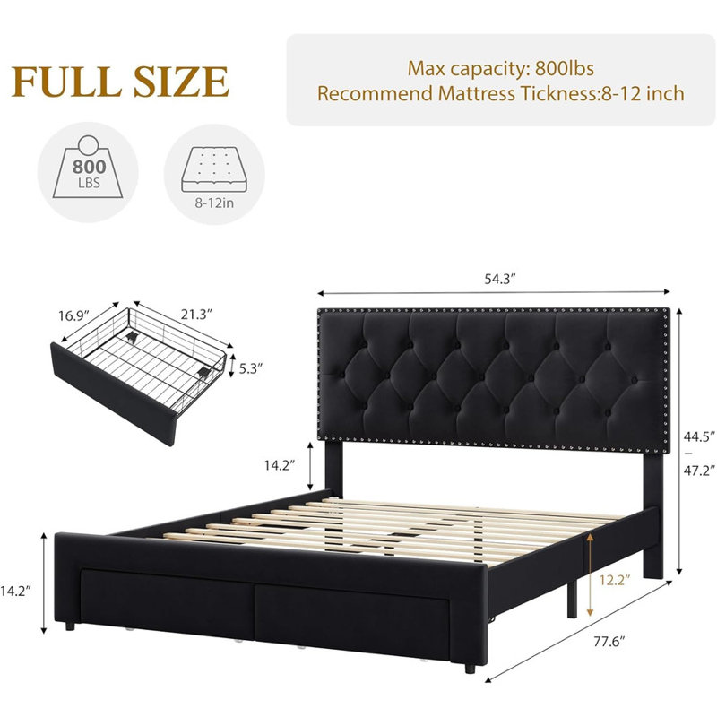 Upholstered Bed Frame with Storage Drawers – Velvet Platform Bed with Tufted Headboard & Rivets – No Box Spring Needed, Black