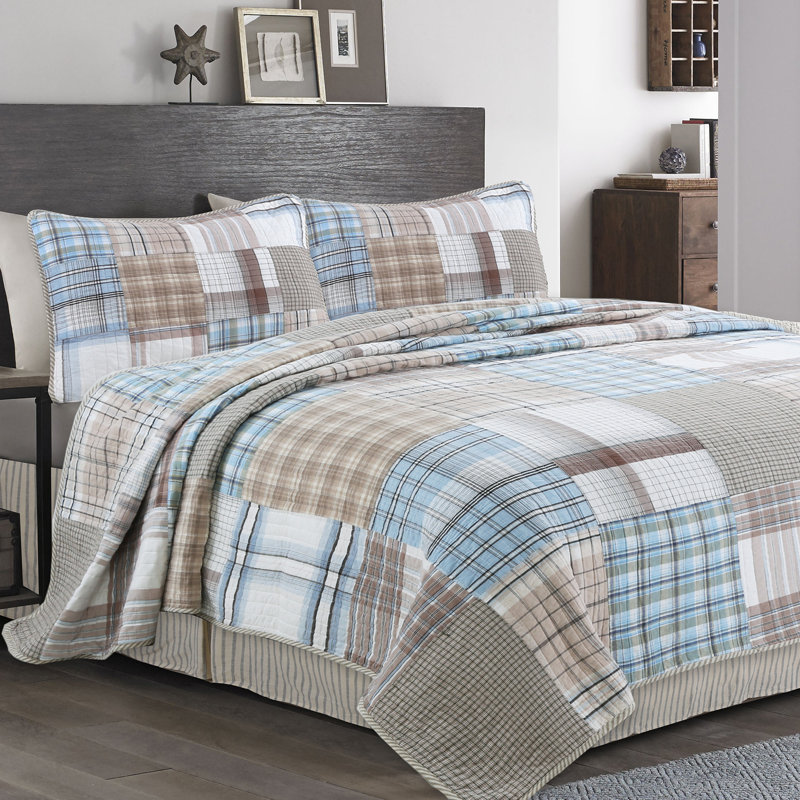 Blue and Brown Cotton Patchwork Queen Reversible Quilt Set