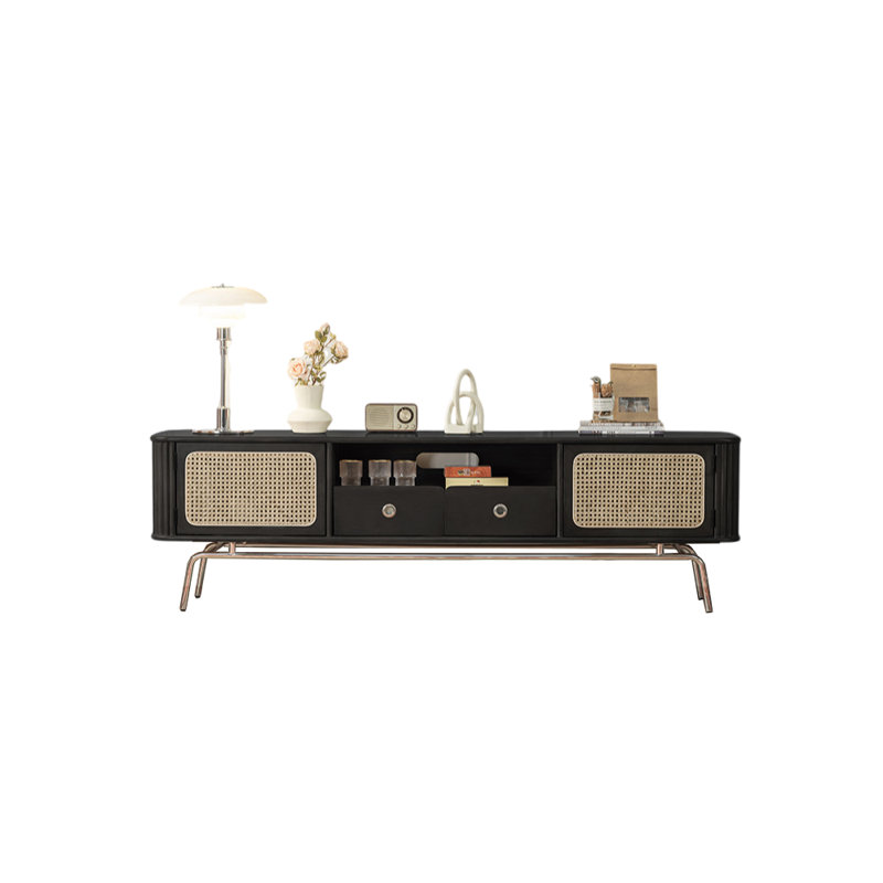 Japanese style rattan TV cabinet, Black, 82.68" W