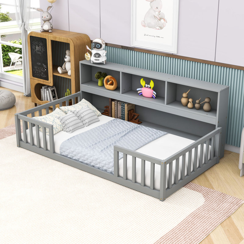 Wooden Floor Bed With Guardrails And Shelves, Twin, Gray