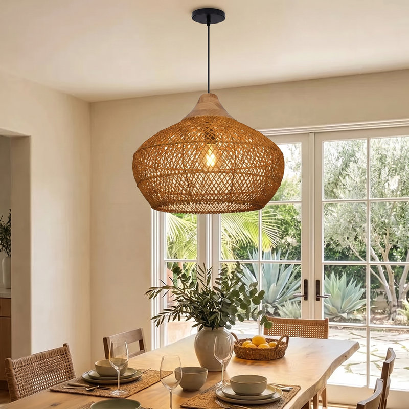 Bridin 1 - Light Natural Geometric Pendant, Brown, 17.72" H x 19.7" W x 19.7" D