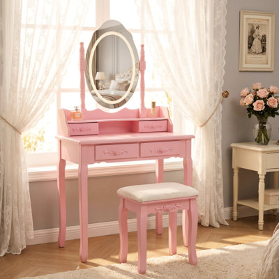 Coiffeuse de maquillage rose avec miroir à DEL, 4 tiroirs, tabouret rembourré, rangement spacieux, design moderne, bureau à structure stable, - table en bois avec tiroir, assemblage facile et éclairé, lisse