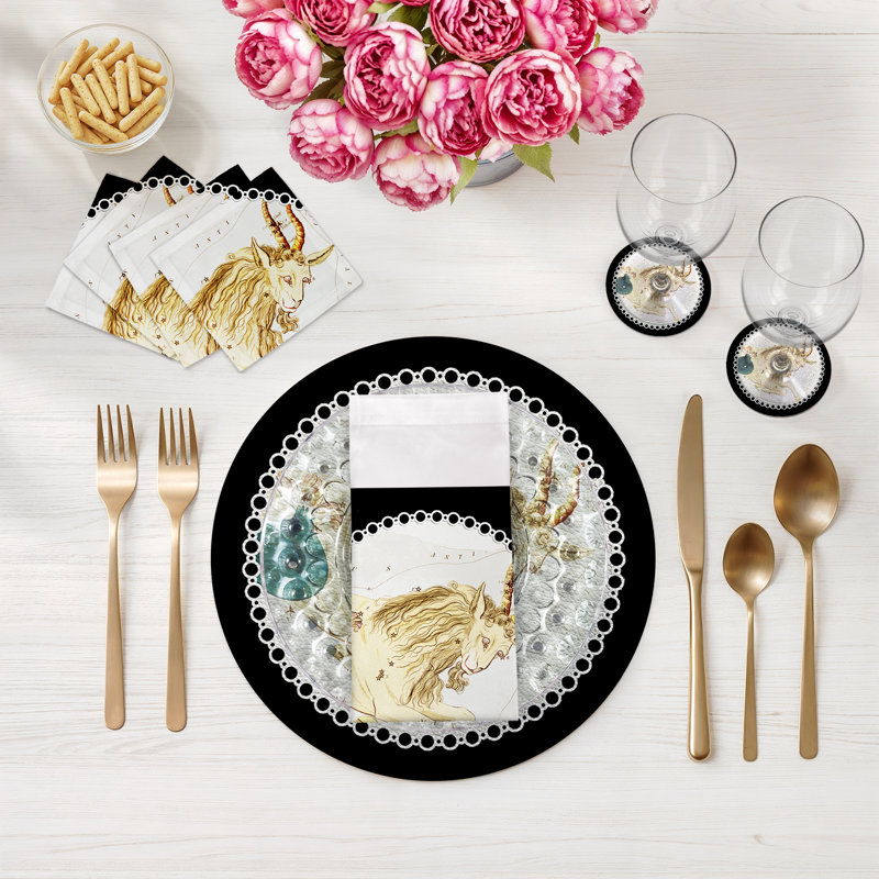Zodiac Capricon Vegan Leather Round Pebble Placemat, Black