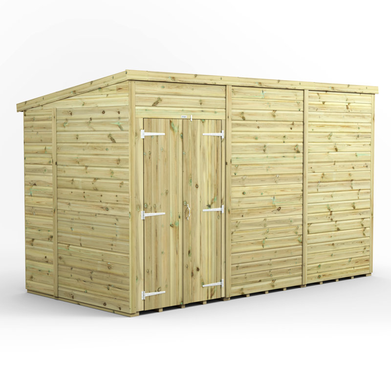 Powersheds 12 x 6ft Premium Pressure Treated Timber Windowless Pent Garden Shed, Double Doors